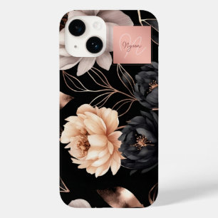 Elegant Black Floral Roses Pattern Monogram Name Case-Mate iPhone 14 Case