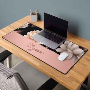 Elegant Black Floral Roses Pattern Monogram Name Desk Mat