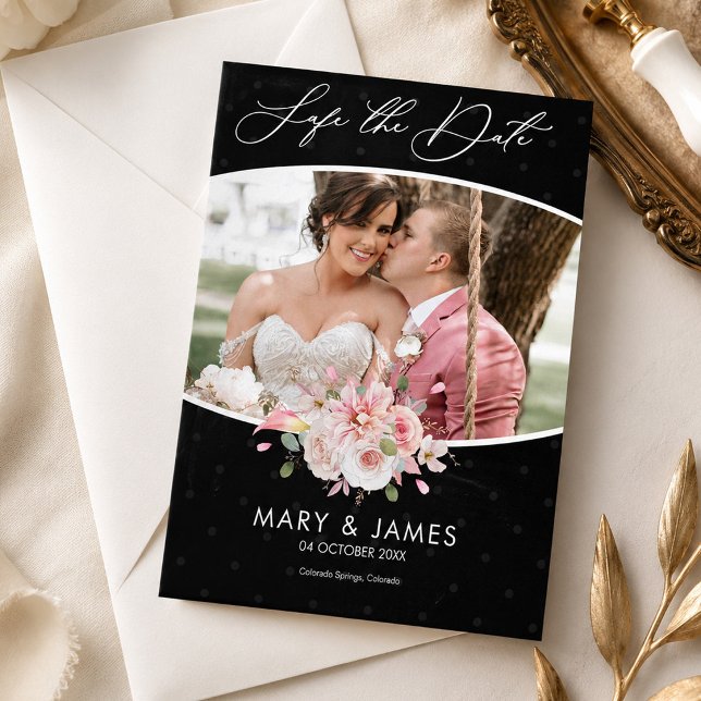 Elegant Black Floral Save the Date Wedding Invite (Elegant Black Floral Save the Date Wedding Invite, Wedding Announcement, Photo Save the Date)