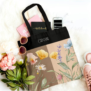 Elegant Black Floral Spring beige brown Trendy  Tote Bag