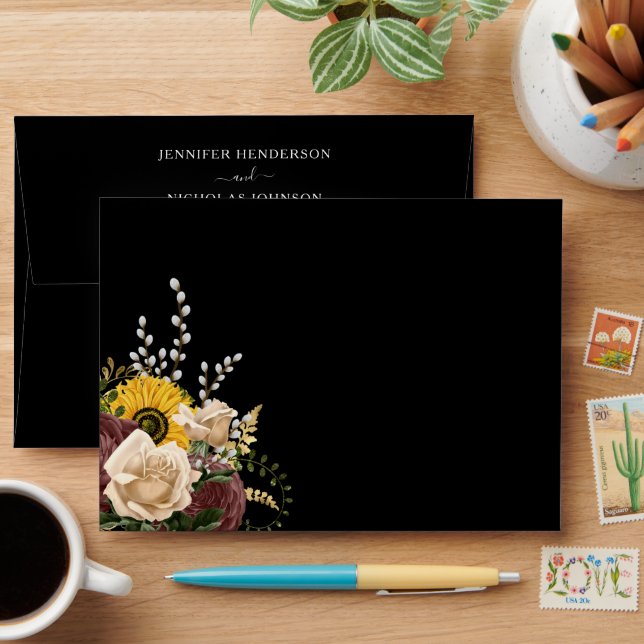 Elegant Black Floral Sunflower Wedding Envelope (Desk)