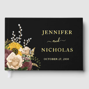 Elegant Black Floral Sunflower Wedding Gold Guest Book