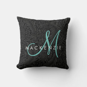 Elegant Black Floral Teal Script Monogram Cushion
