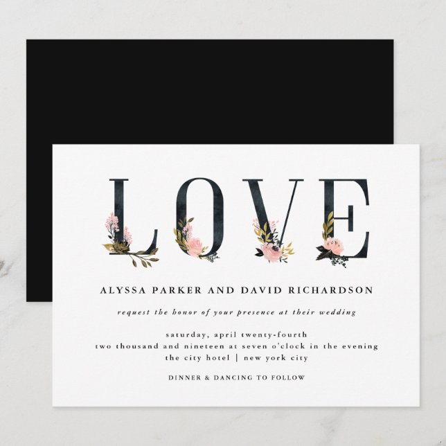 Elegant Black Floral Text | Love Wedding Invitation (Front/Back)