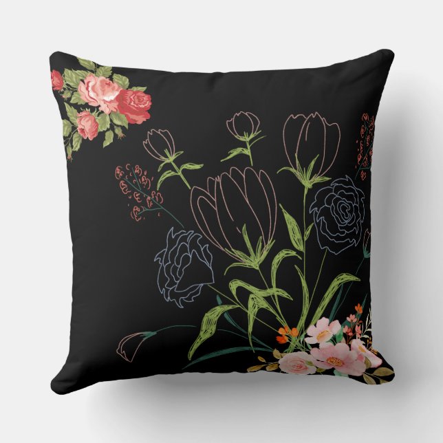 Elegant Black Floral Throw Pillow – Square pillow (Back)