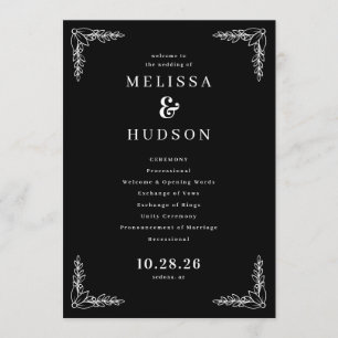 Elegant Black Floral Wedding Ceremony Schedule Programme