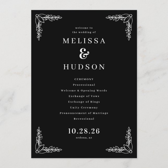 Elegant Black Floral Wedding Ceremony Schedule Programme (Front)