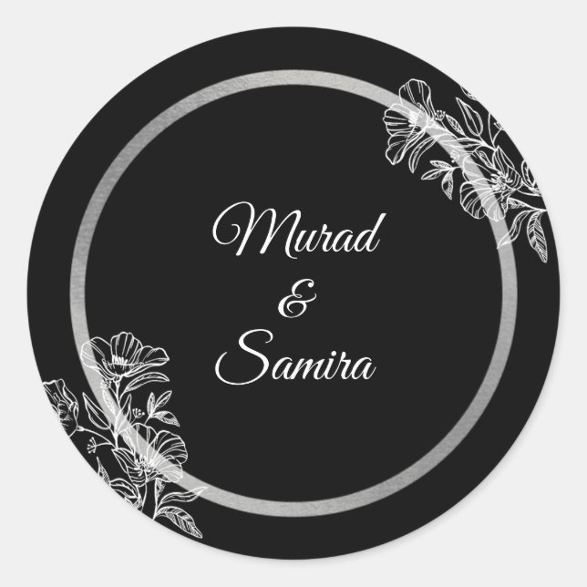Elegant Black Floral Wedding  Classic Round Sticker (Front)
