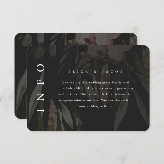 Elegant Black Floral Wedding Guest Detail RSVP Card (Front/Back)
