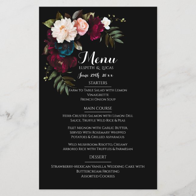 Elegant Black Floral Wedding Menu Template (Front)