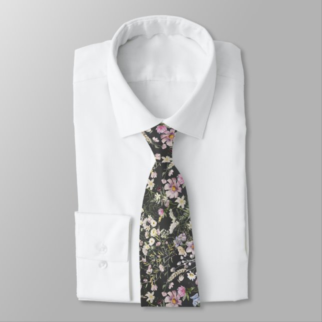 Elegant Black Floral Wedding Necktie (Tied)