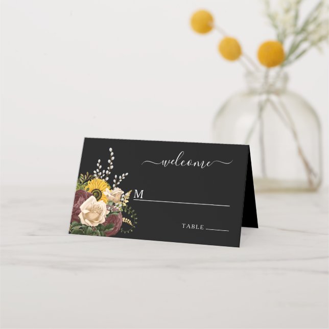  Elegant Black Floral Wedding Place Card (Front)
