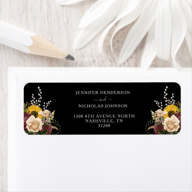Elegant Black Floral Wedding Return Address (Insitu)