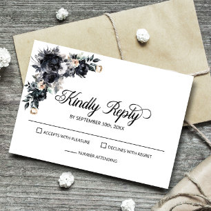 Elegant Black Floral Wedding RSVP Card
