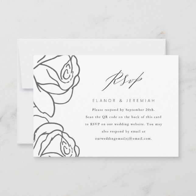Elegant Black Floral Wedding RSVP with QR Code (Front)