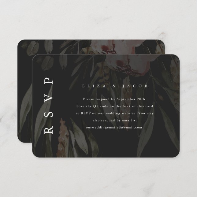 Elegant Black Floral Wedding RSVP with QR Code (Front/Back)