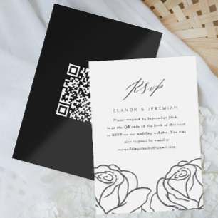 Elegant Black Floral Wedding RSVP with QR Code Card