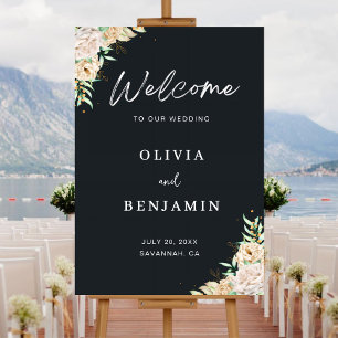 Elegant Black Floral Wedding Welcome Sign