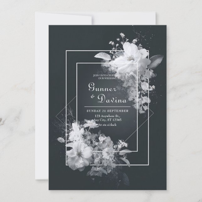 Elegant Black Floral White Bloom Accents Wedding Invitation (Front)