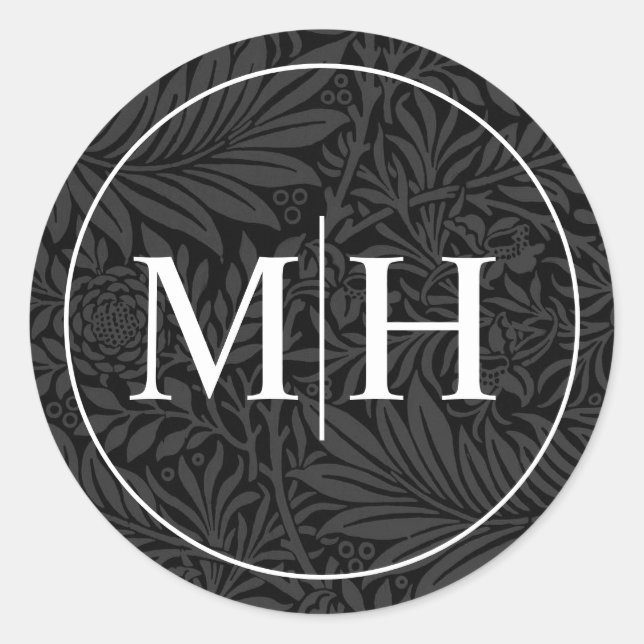 Elegant Black Floral White Monogram Wedding Classic Round Sticker (Front)