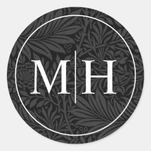 Elegant Black Floral White Monogram Wedding Classic Round Sticker