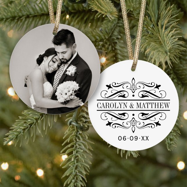 Elegant Black Flourish Wedding Photo Monogram Ornament (Creator Uploaded)