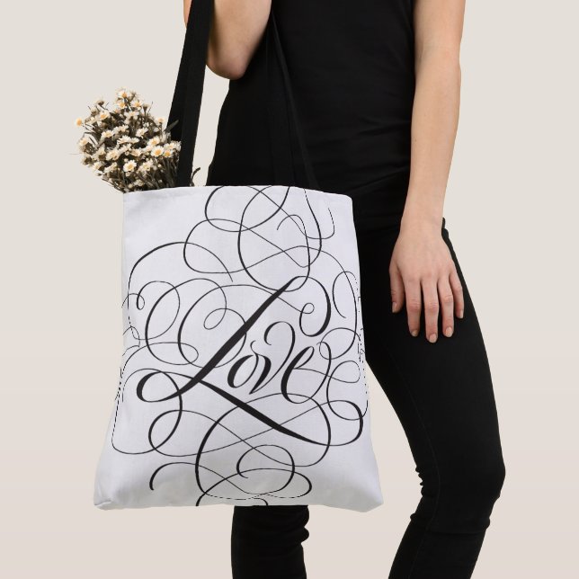 Elegant Black Flourished LOVE Script Lettering Tote Bag (Close Up)