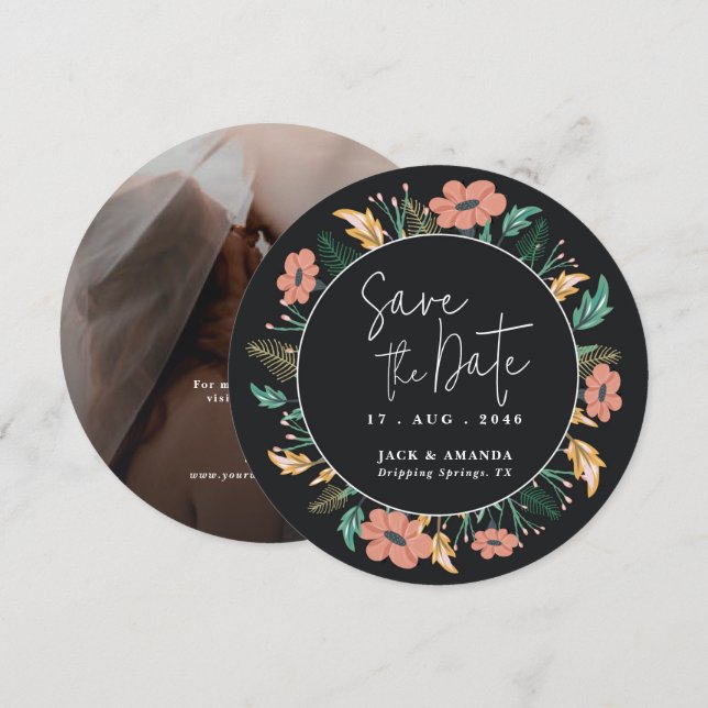 Elegant Black Flower Photo Wedding Save the Date Holiday Card (Front/Back)