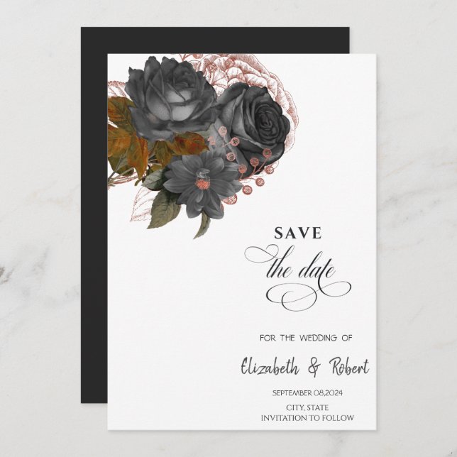 Elegant Black Flowers Save The Date (Front/Back)