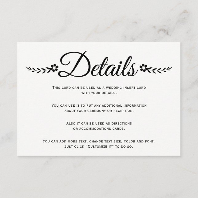 Elegant black flowers typography wedding details enclosure card (Front)