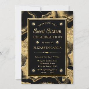 Elegant Black Foil and Gold Glitter Agate Sweet 16 Invitation