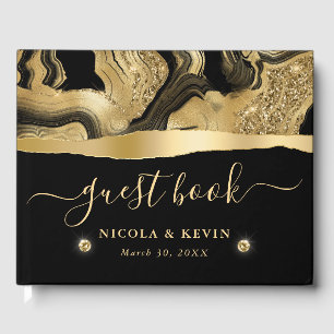 Elegant Black Foil and Gold Glitter Agate Wedding Guest Book