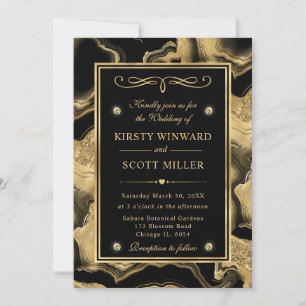 Elegant Black Foil and Gold Glitter Agate Wedding Invitation