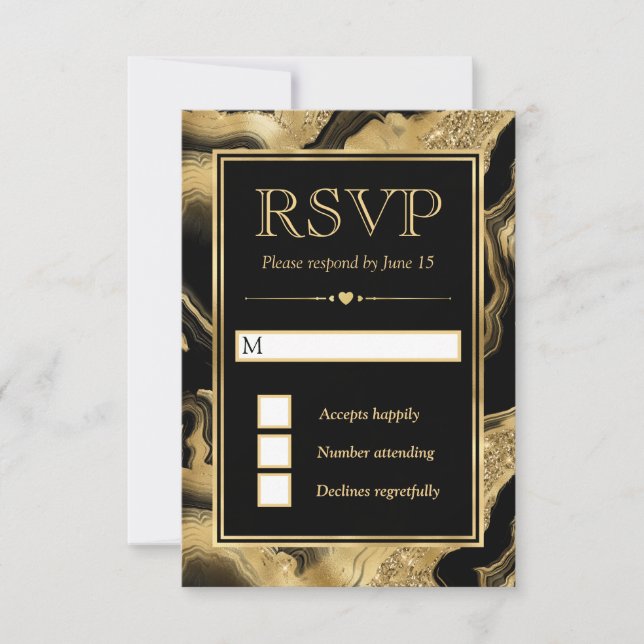 Elegant Black Foil and Gold Glitter Agate Wedding RSVP Card (Front)