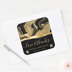 Elegant Black Foil and Gold Glitter Agate Wedding Square Sticker