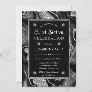 Elegant Black Foil & Silver Glitter Agate Sweet 16 Invitation