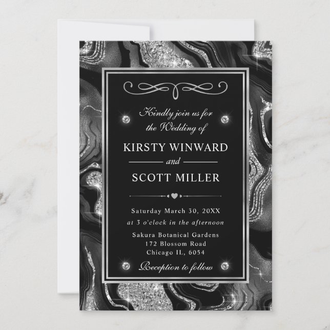 Elegant Black Foil & Silver Glitter Agate Wedding Invitation (Front)
