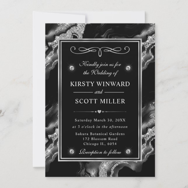 Elegant Black Foil & Silver Glitter Agate Wedding Invitation (Front)