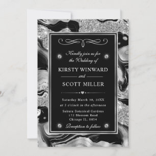 Elegant Black Foil & Silver Glitter Agate Wedding Invitation