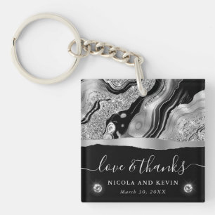 Elegant Black Foil & Silver Glitter Agate Wedding Key Ring