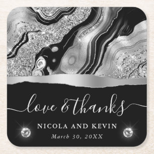 Elegant Black Foil & Silver Glitter Agate Wedding Square Paper Coaster