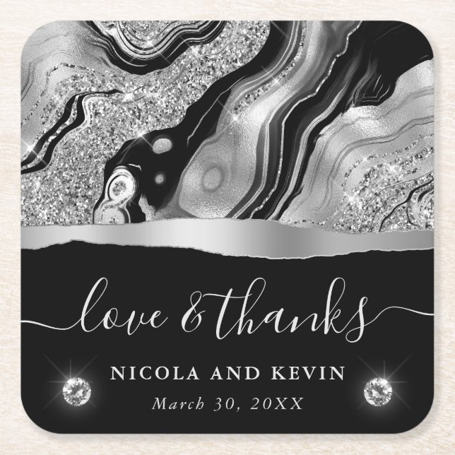 Elegant Black Foil & Silver Glitter Agate Wedding Square Paper Coaster (Front)