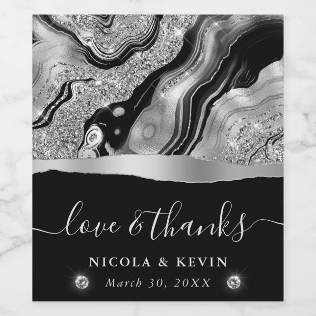 Elegant Black Foil & Silver Glitter Agate Wedding Wine Label (Single Label)