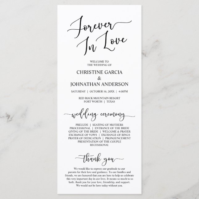 Elegant Black, Forever in Love, Wedding Ceremony Programme (Front)