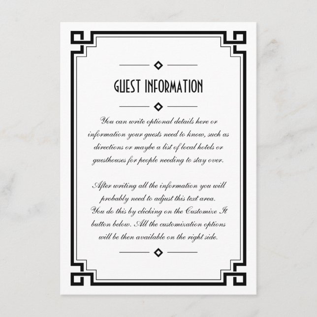 Elegant Black Frame Art Deco Wedding Insert Card (Front)