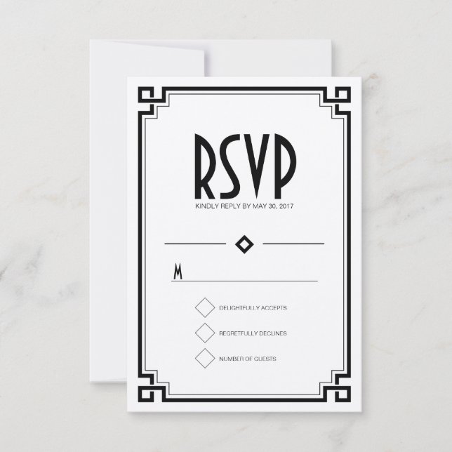 Elegant Black Frame Art Deco Wedding RSVP Card (Front)