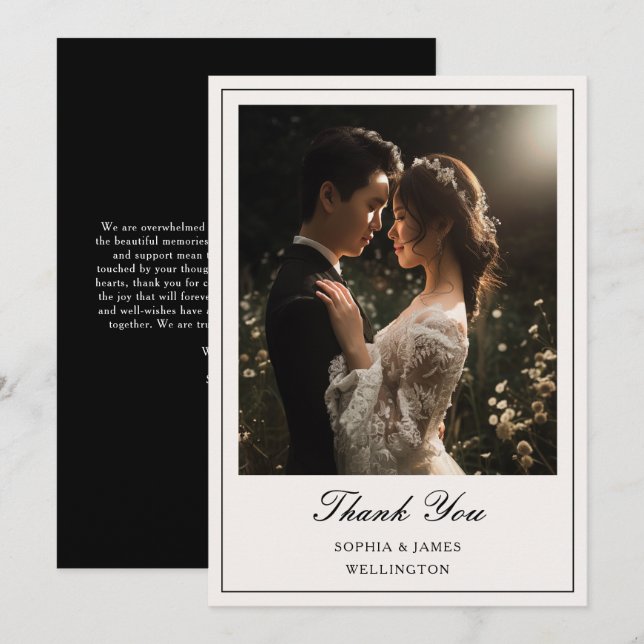 Elegant Black Frame Calligraphy Photo Wedding Thank You Card (Front/Back)