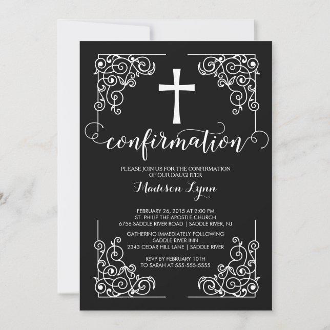 Elegant Black Frame Cross Confirmation Invitation (Front)