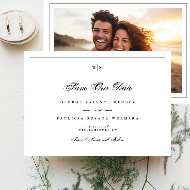 Elegant Black Frame Monogram Classic Photo Wedding Save The Date (Creator Uploaded)