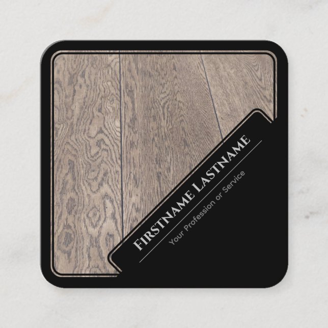 Elegant black framed wooden style parquet flooring square business card (Front)